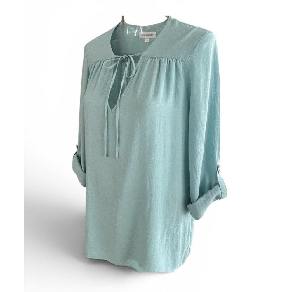 Women’s Calvin Klein Aqua Linen Blend BLOUSE with Roll Tab Sleeves - PlusSize OX
